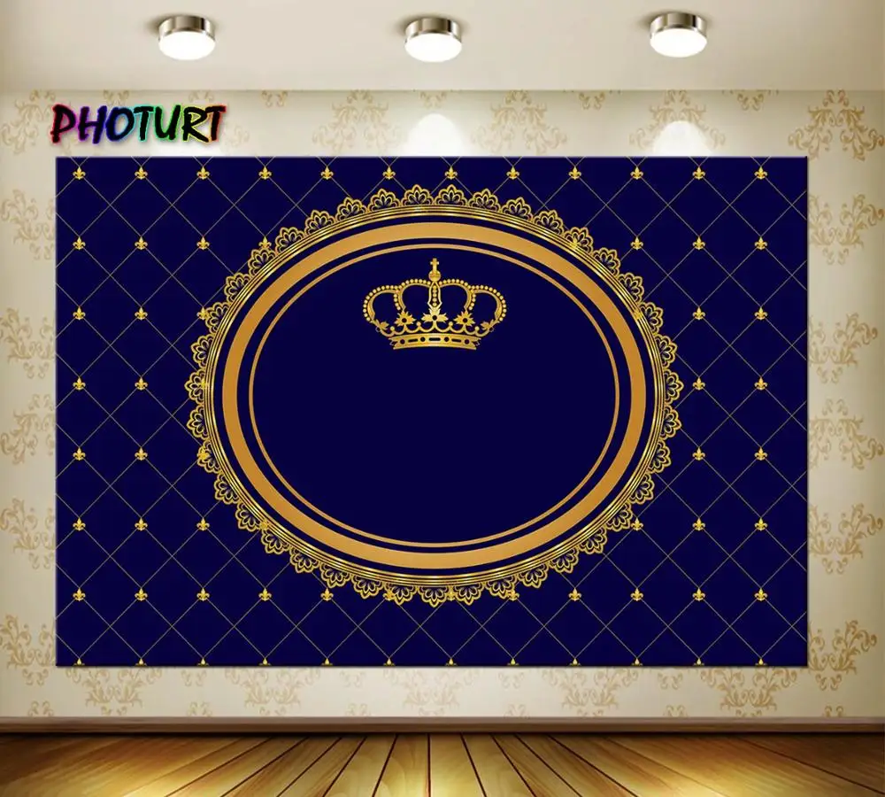 PHOTURT Royal Crown Photography Backdrop Boy Birthday Party Decoration Background Golden Blue Prince Vinyl Photo Studios Props