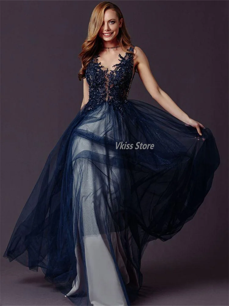 Elegante azul marinho vestidos de baile com peals v pescoço cinta de espaguete sem mangas sem costas dot tule vestido de baile 2022 vestidos de noche