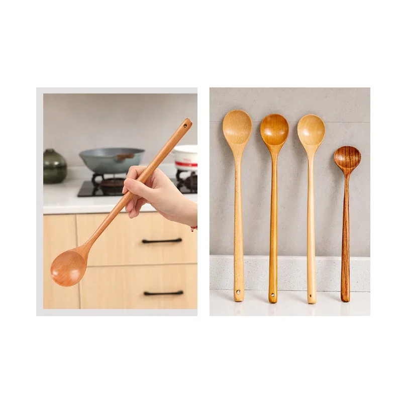 1pc Long Spoons Wooden Korean Style 10.9 Inches Natural Wood Long Handle Round Spoons For Soup Cooking Mixing Stirr Kitchen Home