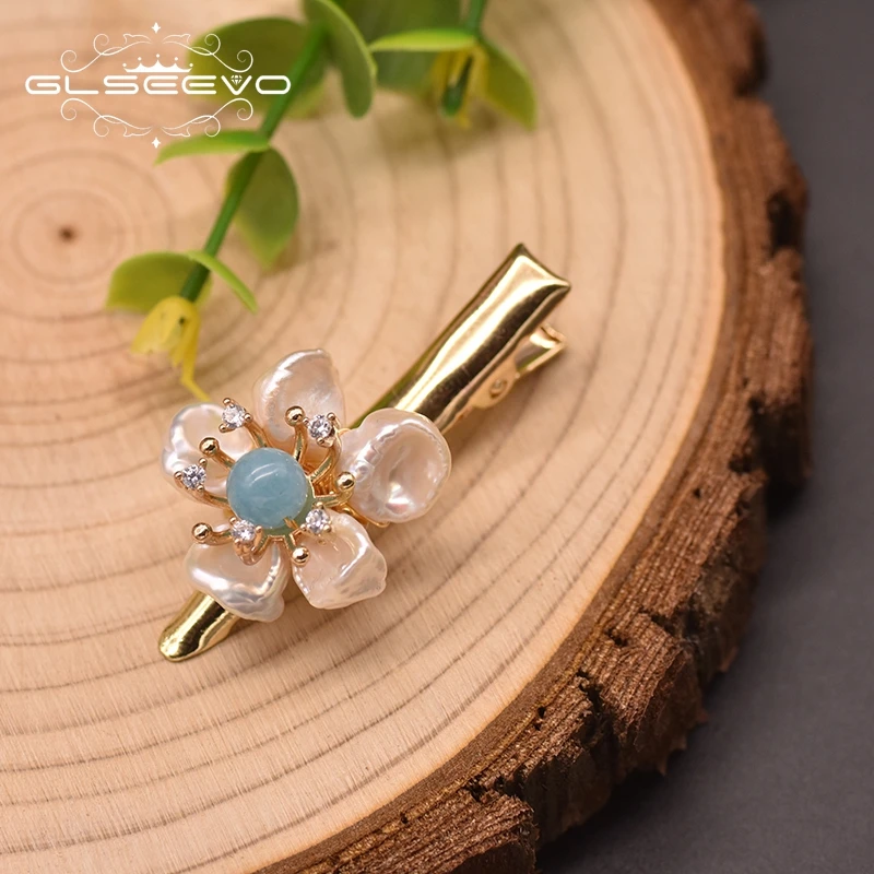 GLSEEVO Natural Freshwater Baroque Pearl Hairpin  For Girls Aquamarine Fashion Jewelry Original Design Handmade Chinese GH0024A