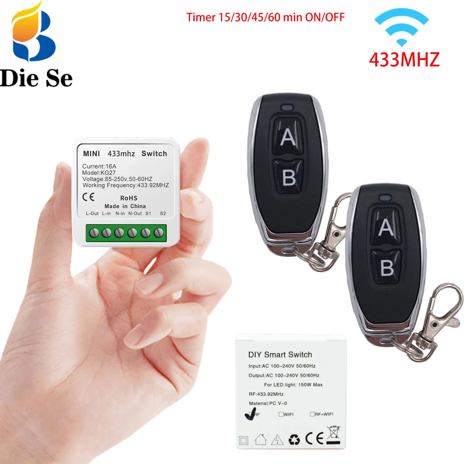 

Universal Remote Control RF 433MHZ Relay Receiver Mini 16A 220V Timer Support 2 Way control,Wireless Key fob,for Home Appliance