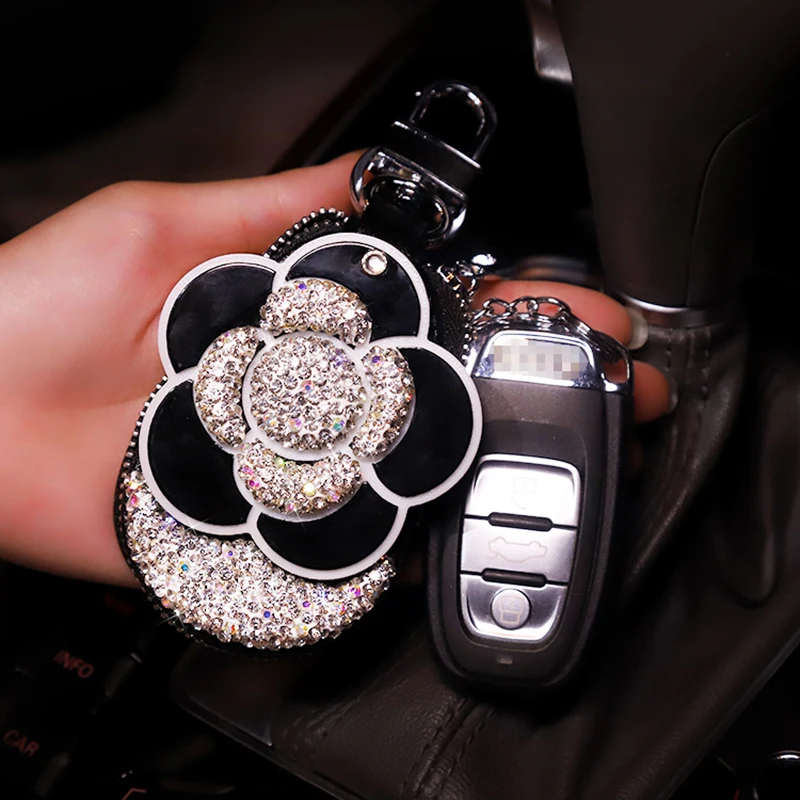 Universal Diamond Flower Car Key Bag Crystal Camellia Mirror Key Bag Car Key Case Cover for Key Shell Case Cover Holder Protect