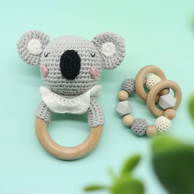 Baby Beech Wooden Teether Ring DIY Crochet Koala Rattle Soother Infant Teething Chewing Molar Toys Dropshipping