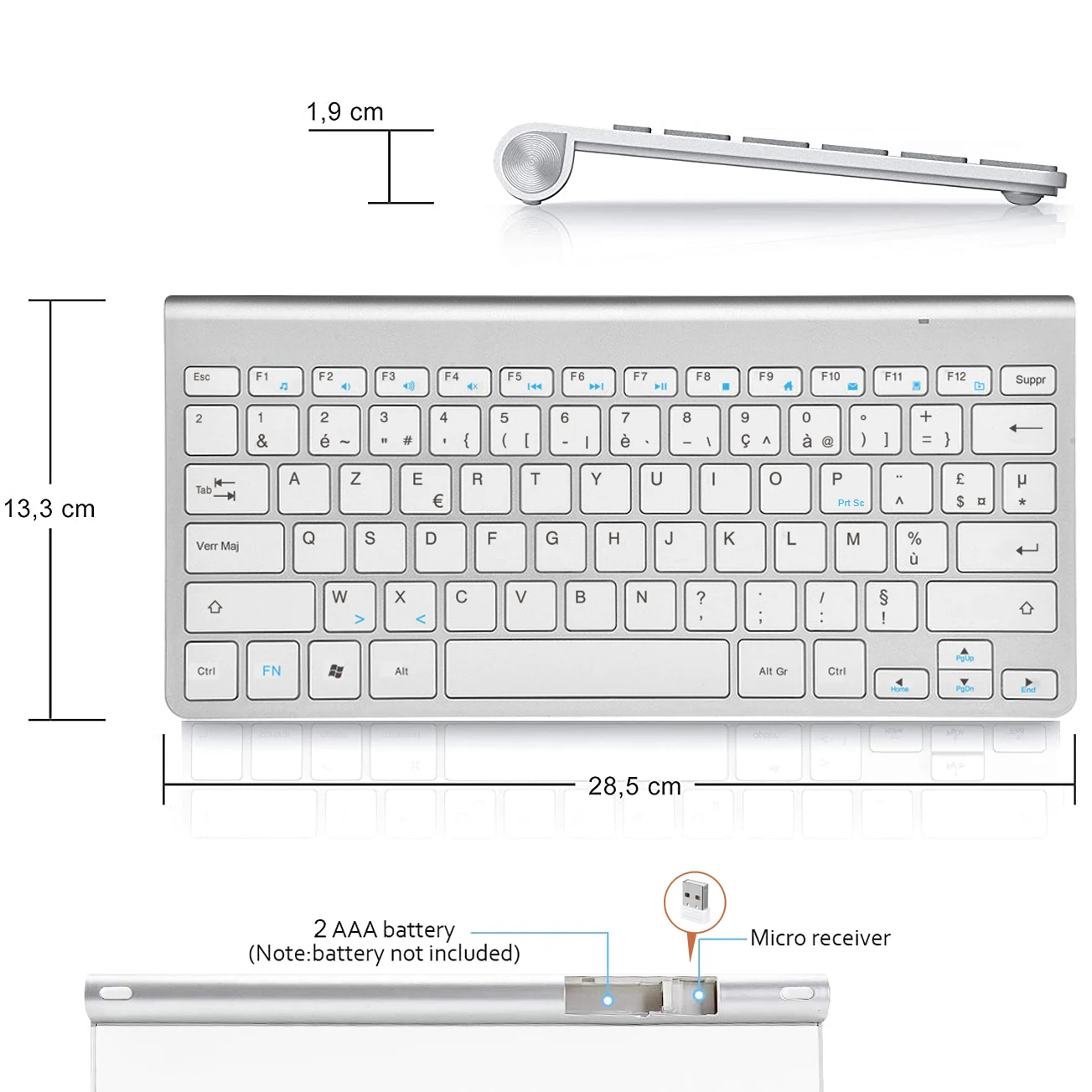 AZERTY French Layout Wireless Keyboard Ultra Slim Multimedia Keyboard Low Noise for Laptop Desktop Windows Smart TV