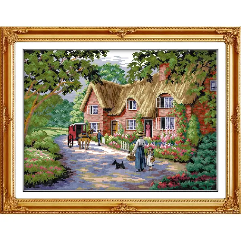 Joy sunday Country life landscape Cross Stitch kit Needlework set Canvas printed deep blue cotton thread embroidery DIY handmade