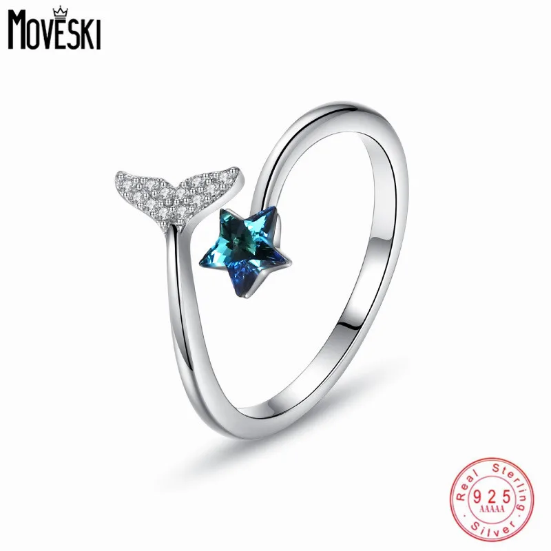 

MOVESKI New s925 Silver Opening Adjustment Ring Austria Blue Crystal Star Pavé Zircon Fishtail Ring for Women Party Jewelry