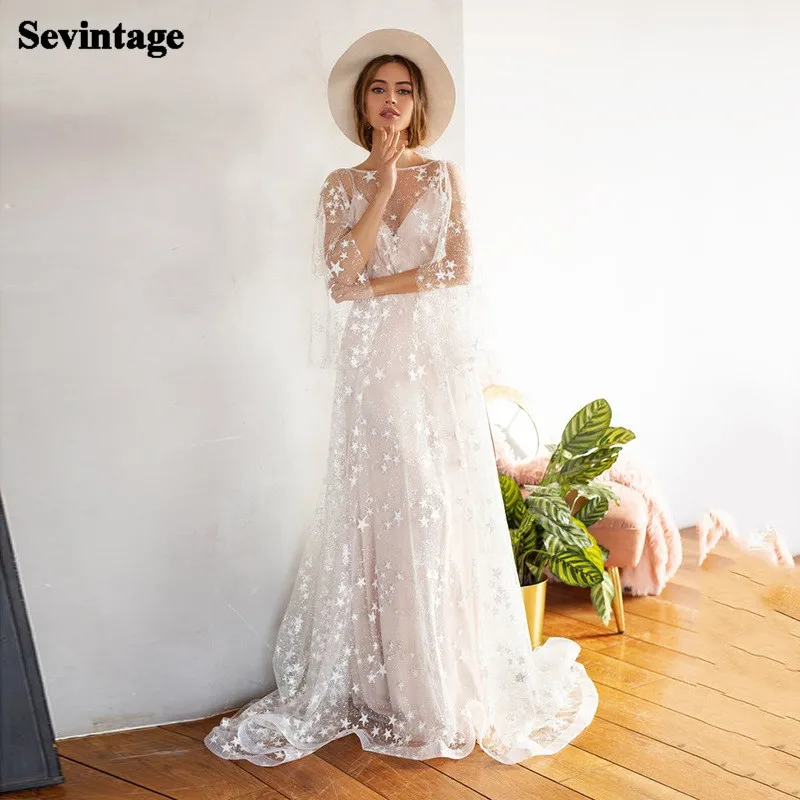 Glitter Starry Tulle Wedding Dress Boho Puff Sleeves Bridal Gowns Backless Bride Dresses Mermaid Satin Wedding Party Gowns 2021