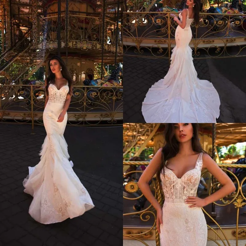 Vestidos de novia de diseño con cuello en V, encaje 3D, apliques florales, cuentas, vestidos de novia sin espalda, tren de barrido, vestido de novia de sirena 2020