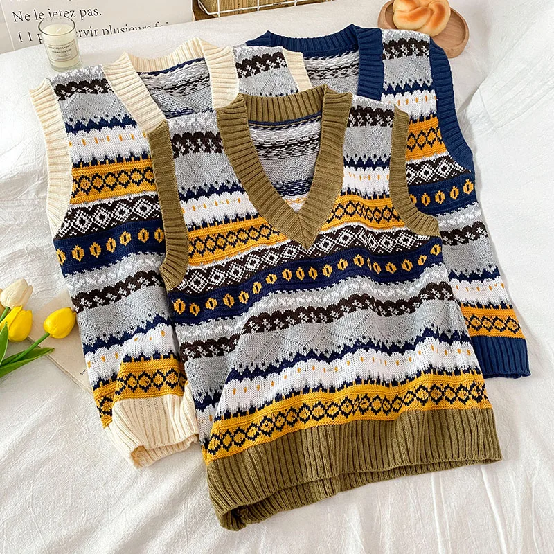 

Plaid Knitted Waistcoat Sweater Vest Women Slim Autumn Outerwear Sleeveless Vest Jacket Casual V-neck Knitting Bottoming Sweater