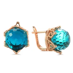 Kinel New 585 Rose Gold Crown Drop Earrings for Women Blue Natural Zircon Ball Ear Clip Earrings Elegant Fine Vintage Jewelry