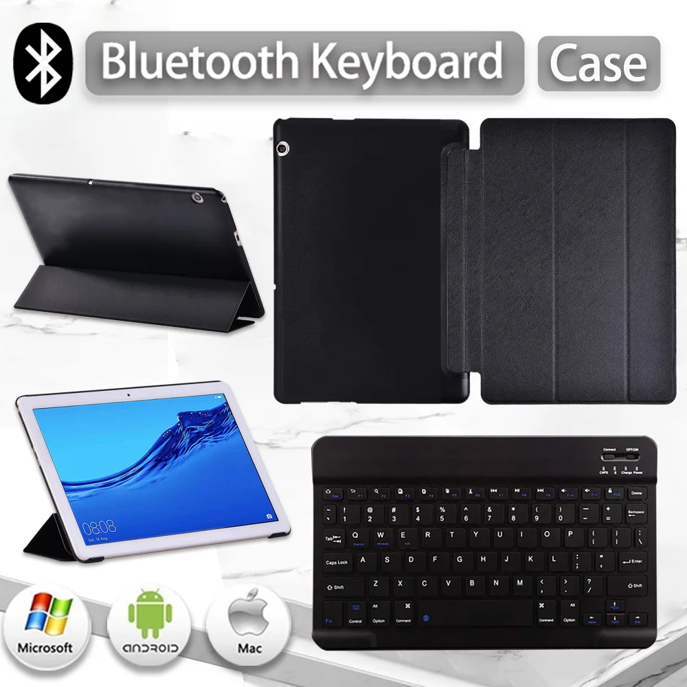 

For Huawei MediaPad T3 10 9.6"/MediaPad T5 10 10.1" Anti-fall Anti-Dust Tablet Folding Stand Cover Case +Bluetooth Keyboard