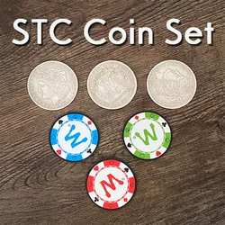 STC Coin Set Magic Tricks Coin Change Penetrate Magia Close Up Illusions Gimmick Props Multiplying Silver Coins to Chip Magica