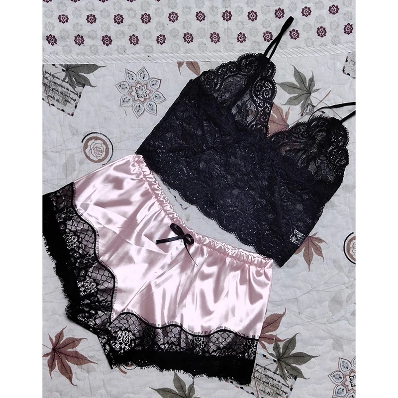 1 Set Women Sleep Wear Sexy Lingerie Satin Lace V-Neck Camisole Shorts Set Sleepwear Pajamas Women Sexy Clothes