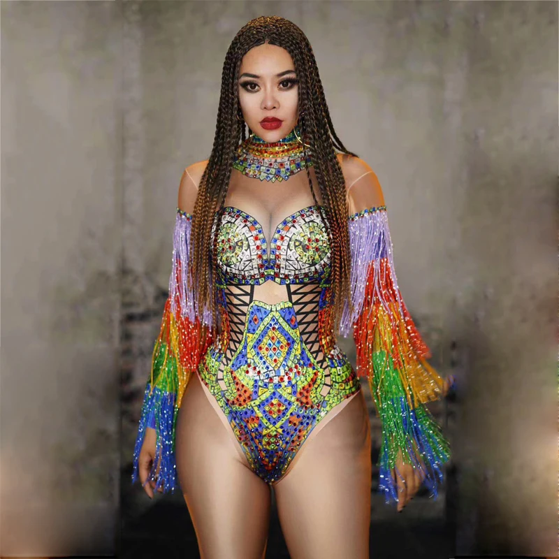 Multi-Color Rhinestones Fringed Sleeves Bodysuit Rave Outfits Pole Dance Festival Outfits Women Drag Queen Costumes XS1341