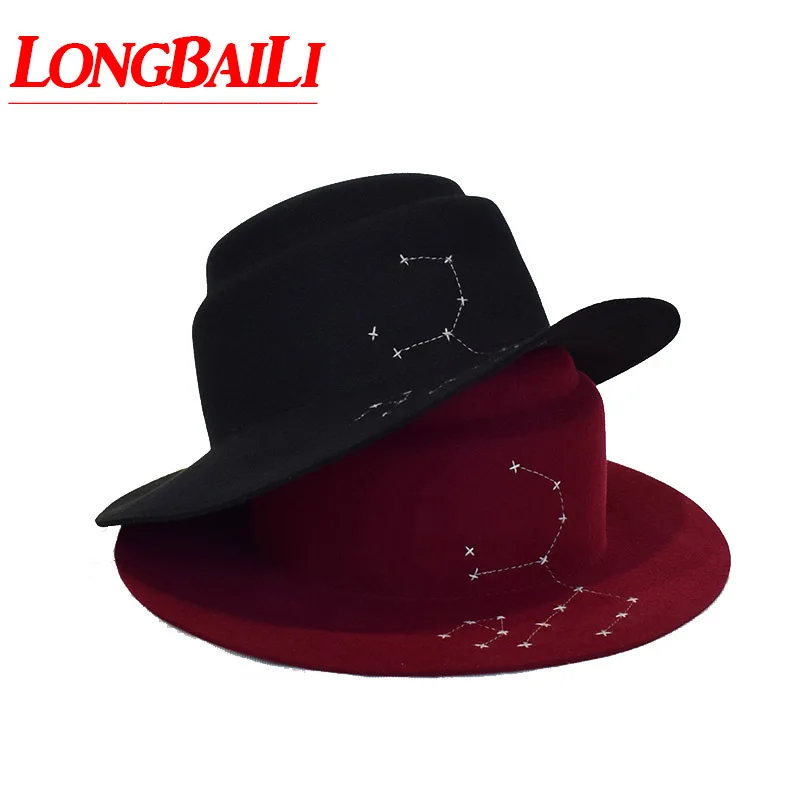 LongBaiLi Winter Women Flat Top Wool Felt Fedora Chapeau Sun Hat Free Shipping PWSV077