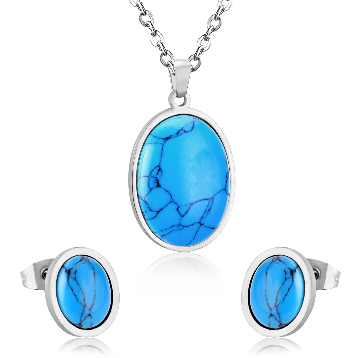 LUXUKISSKIDS 2021 Oval Shape Opal Stainless Steel Luxury Necklaces Earrings Sets For Ladies Trendy Jewellry Sets parures bijoux