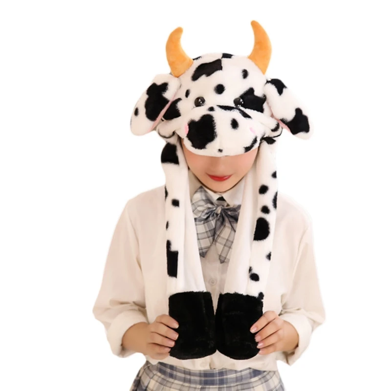 New Kids Cute Cow Animal Plush Hat with Moving Ears Fluffy Warm Earflap Cap Scarf