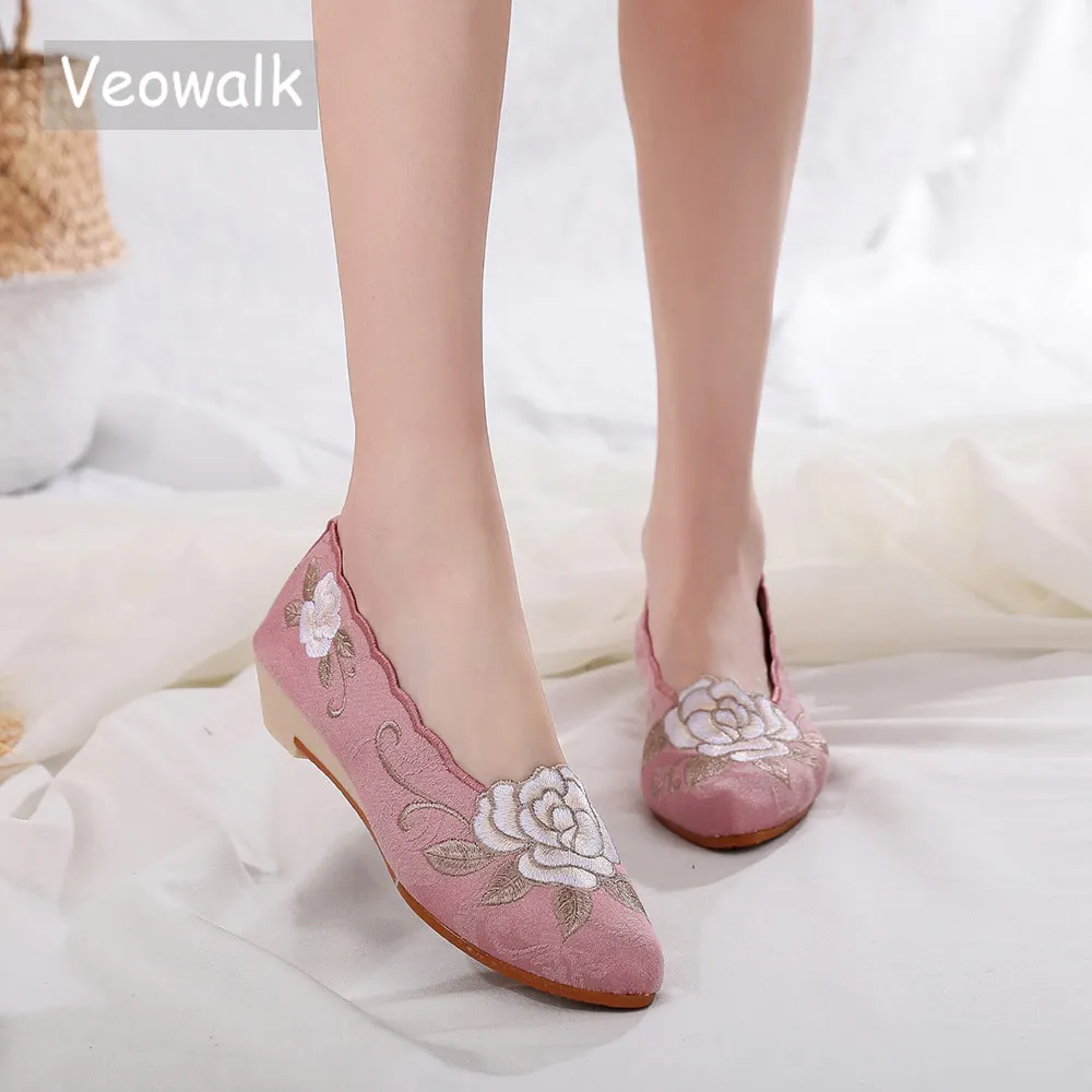 Veowalk Trung Quốc Thêu Nữ Dạ Nỉ Nền Tảng Giày Đế Bằng Nữ Trơn Trượt Trên Bãi Thoải Mái Retro Vintage Giày Người Phụ Nữ