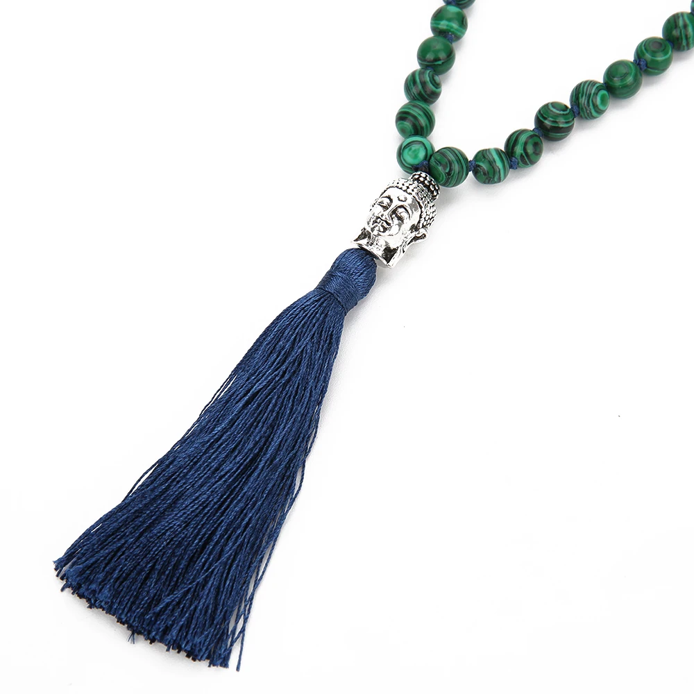 6/8mm collana annodata con perline di Malachite meditazione Yoga benedizione tibetano Buddha testa gioielli 108 ciondolo nappa rosario Japa Mala