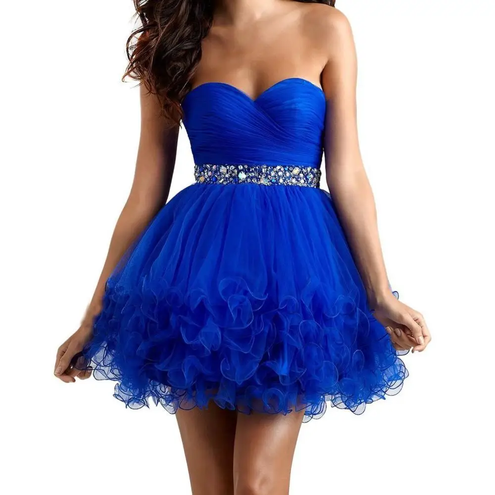 Royal Blue Homecomingสั้นSweetheart TulleชุดMiniคริสตัลPleatสำเร็จการศึกษาชุดราตรีGowns