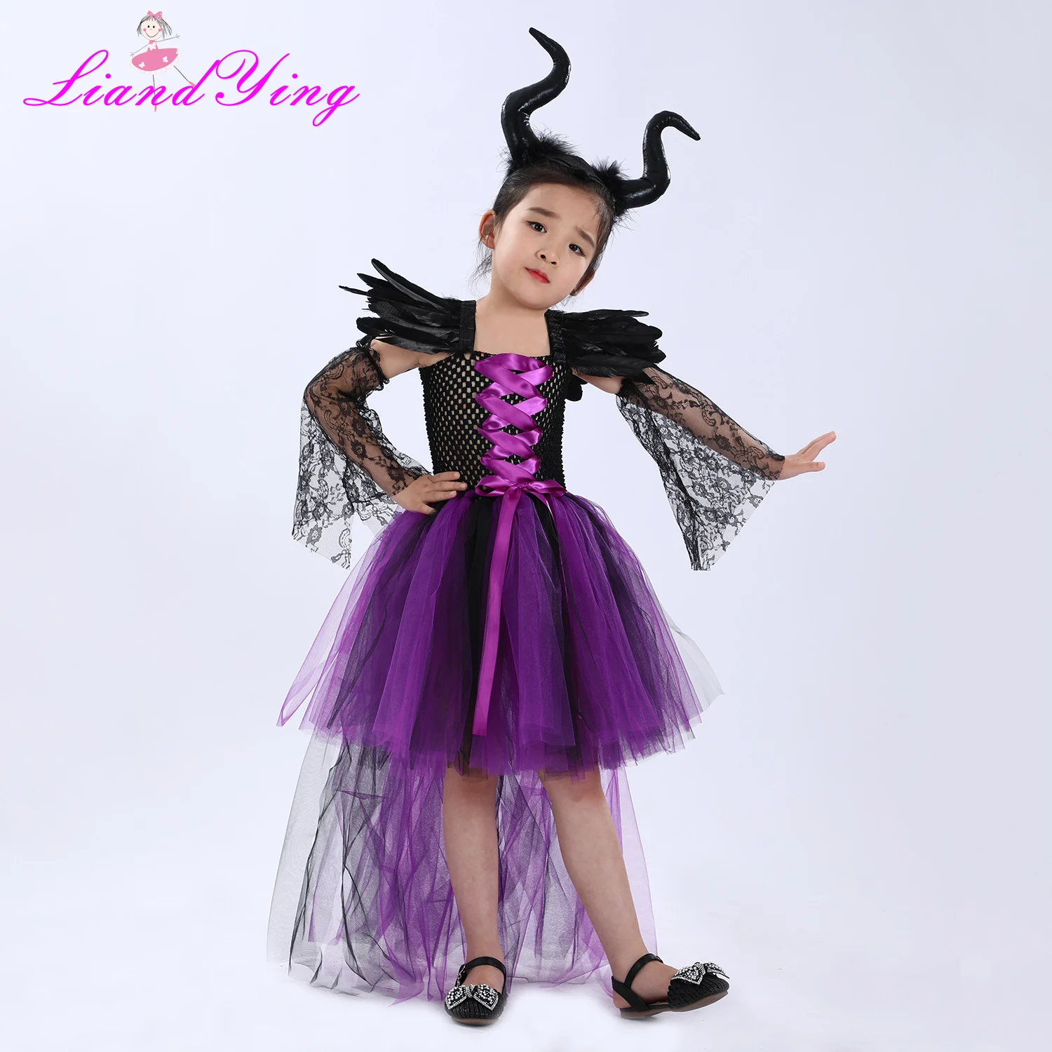 

Black Gown Tutu Dress with Deluxe Horns and Lace Sleeves Girls Villain Fancy Dress Kids Halloween Cosplay Witch Costume