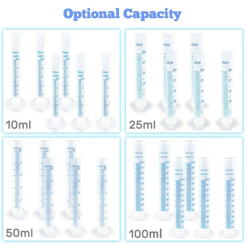 6pcsMeasuringCylinder10ml/50ml/100ml Graduated CylinderClearPlastic Measuring Graduated Cylinder Set with Double Sided Markings
