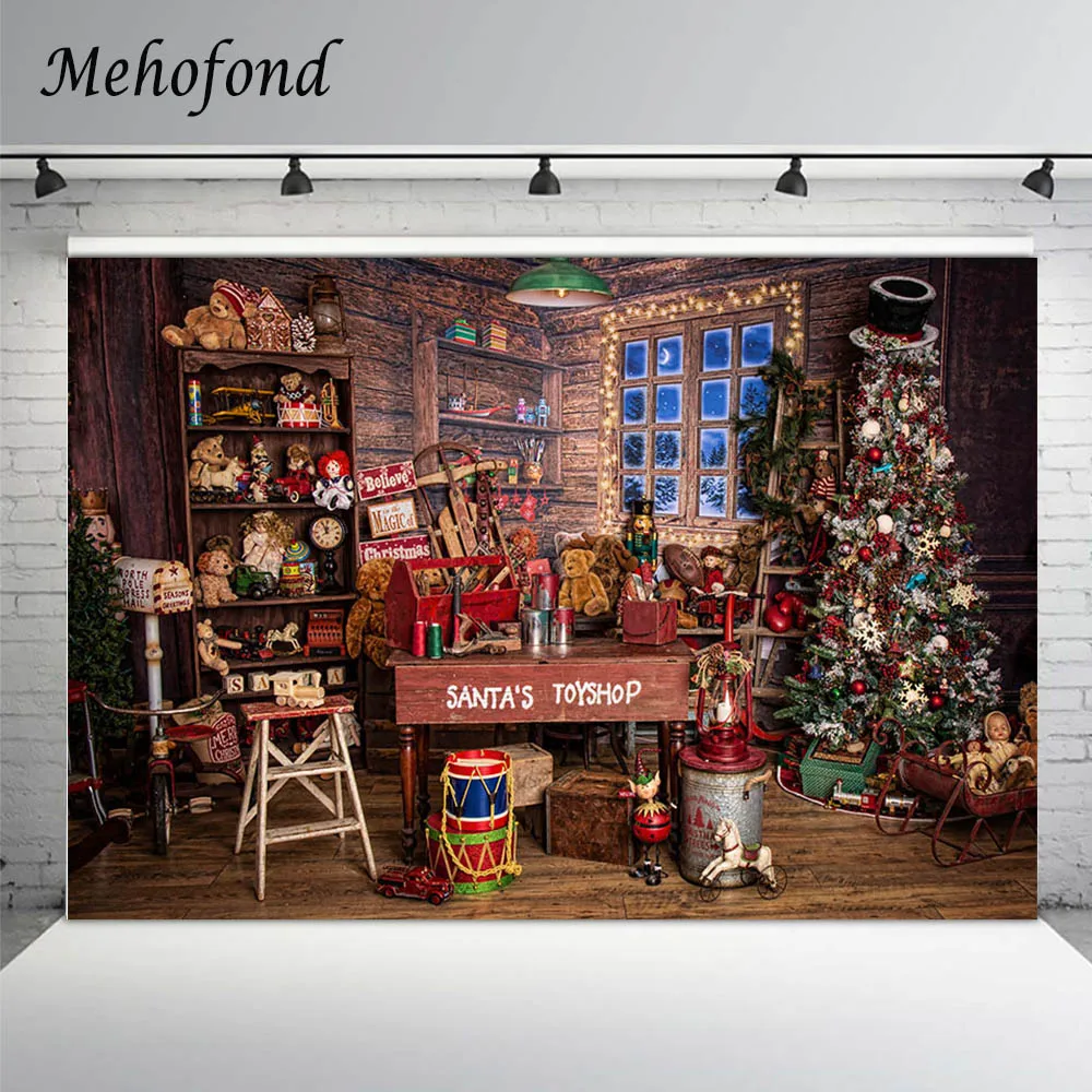 Mehofond Christmas Santas Toy Shop Backdrop Retro Wooden Shelf Bear Gift Photo Background Child Baby Portrait Photography Props