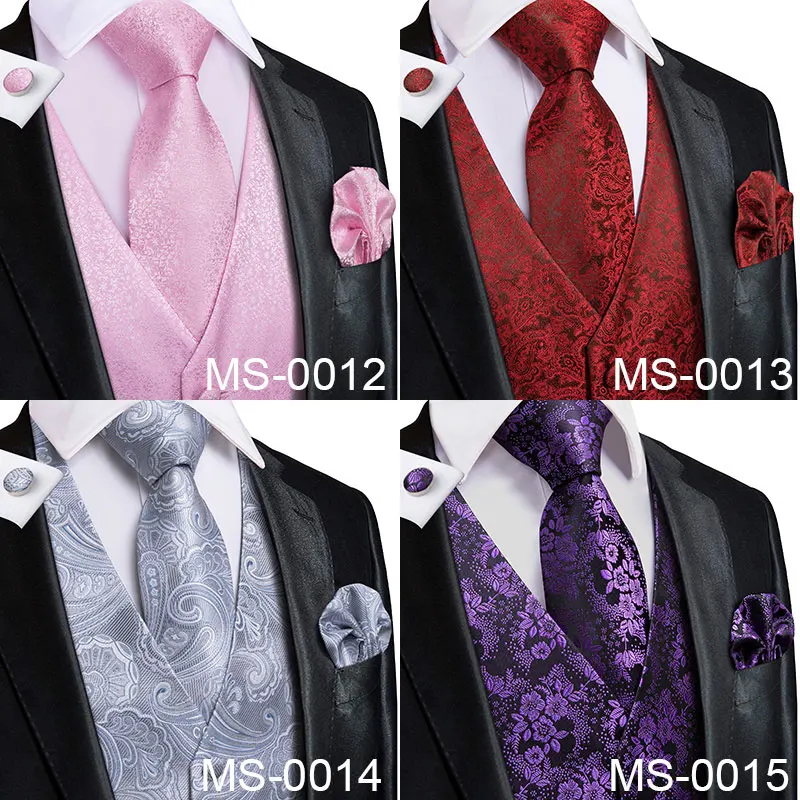 Hi-Tie Silk Adult Men\'s Vest for Suit Luxury Paisley Floral Plaid Suit Vest and Tie Set Blue Gold Red Sliver Wedding Vest Men