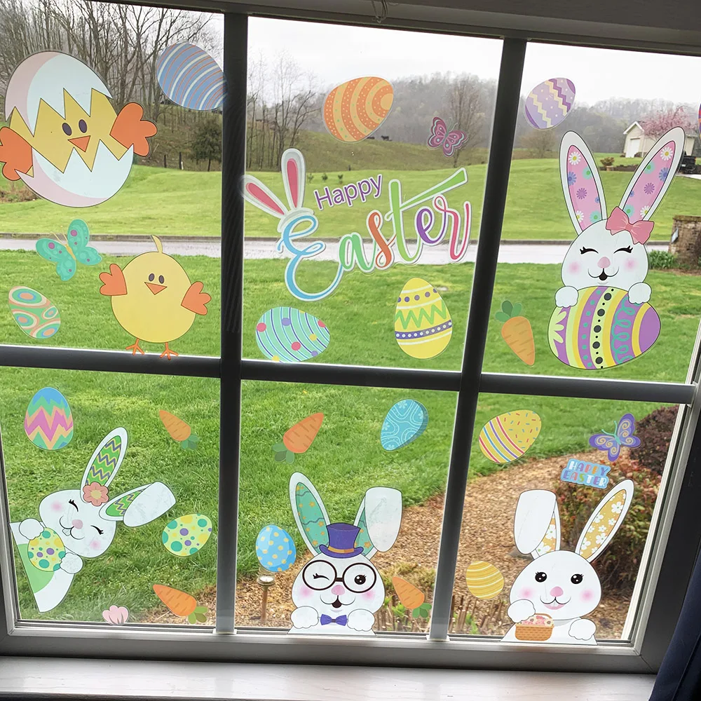 Happy Easter Window Stickers Rabbit Easter Eggs Carrot Chick Glass Sticker Easter Party Wall Sticker Easter Decorations for Home