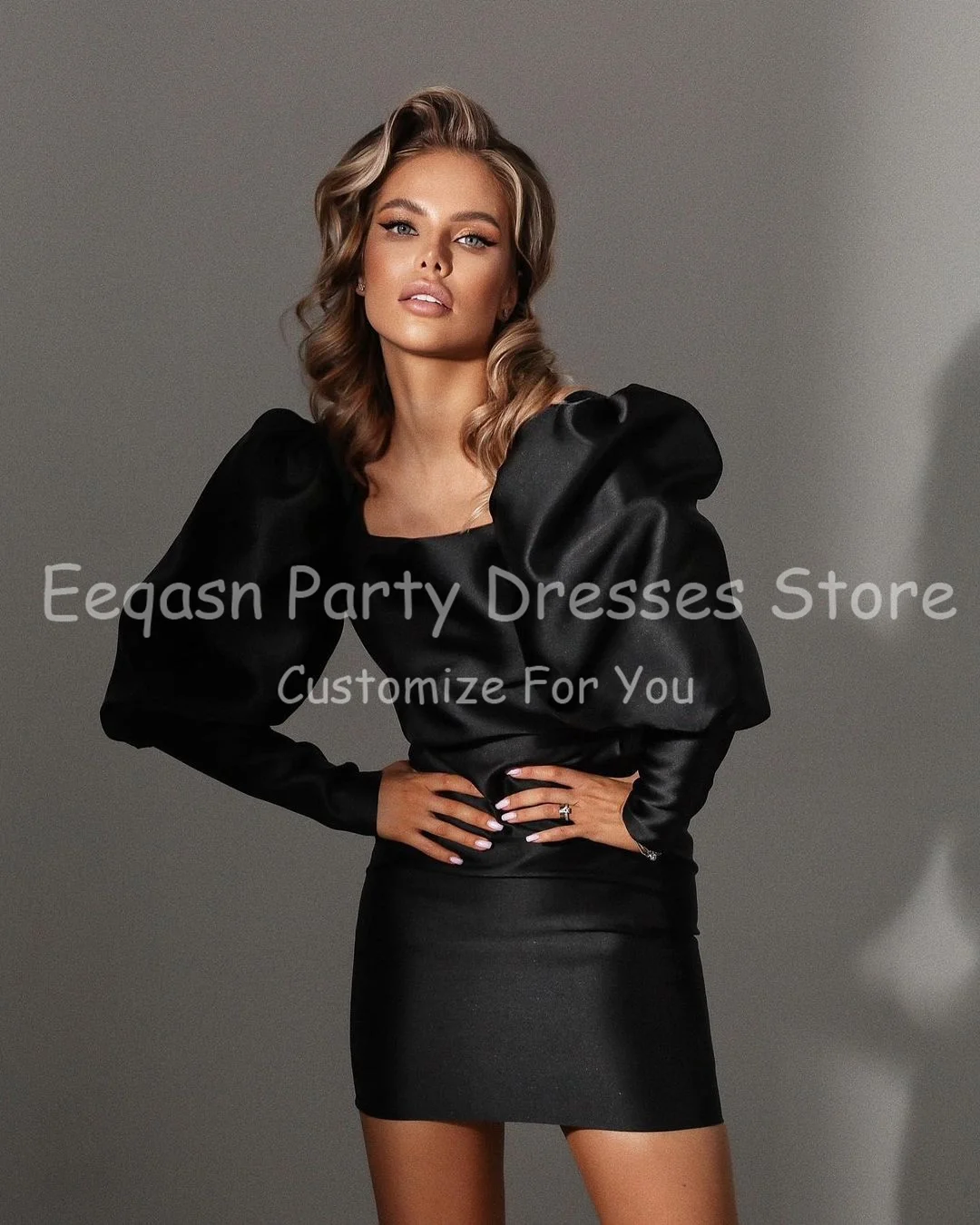 Eeqasn Silk Satin Schwarze Kurze Party Kleider Lange Ärmeln Platz Ausschnitt Über Dem Knie Mini Prom Kleid Formale Abendkleider Nach maß