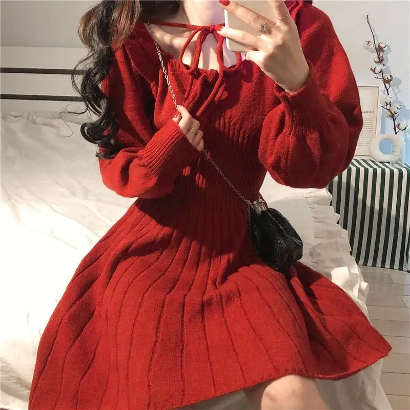 Dolce abito lavorato a maglia donna inverno elegante Mini abito Kawaii femminile stile giapponese abito da festa coreano abiti natalizi donna 2021