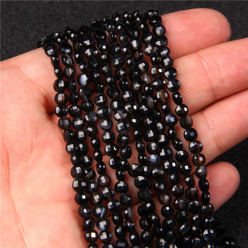 Natural Stone Black Stripe Onyx Agates Round Faceted Tiny Loose Aagt Spacer Beads for Jewelry Making Bracelet Necklace 4mm 6mm