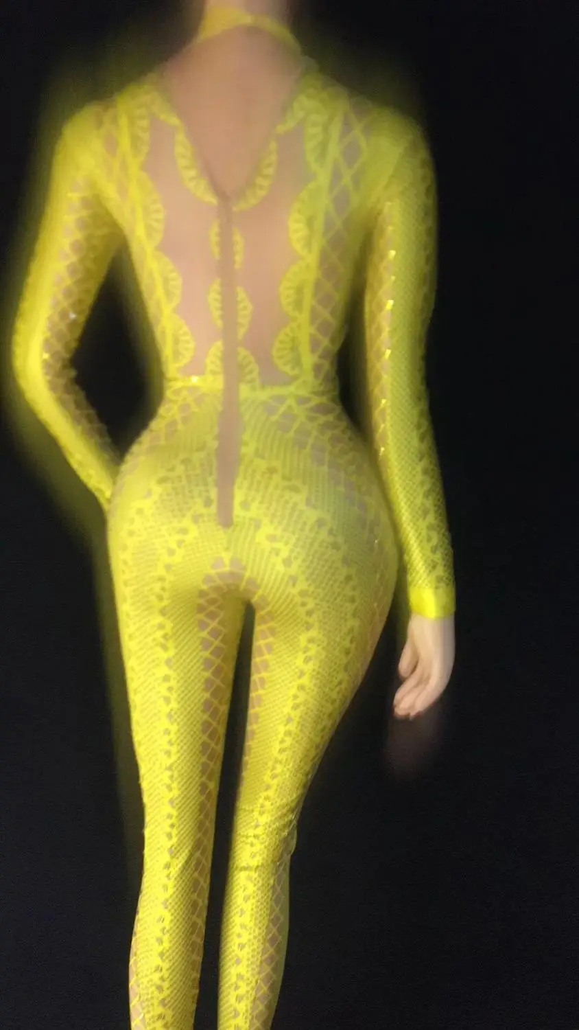 Yellow Black White Rhinestones Stretch Jumpsuit Nightclub Performance Stage Costume Sexy Pole Dance Printed Leotard Party Show