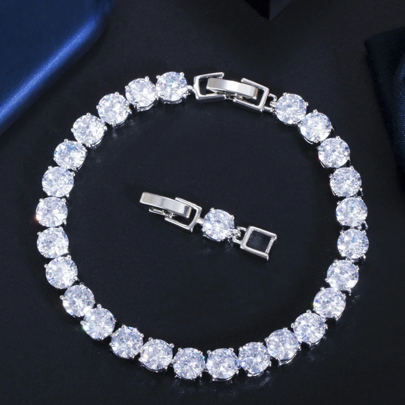 ThreeGraces Sparkling Cubic Zirconia White Gold Color Round Link Chain Wedding Party Tennis Bracelet Jewelry for Women BR036