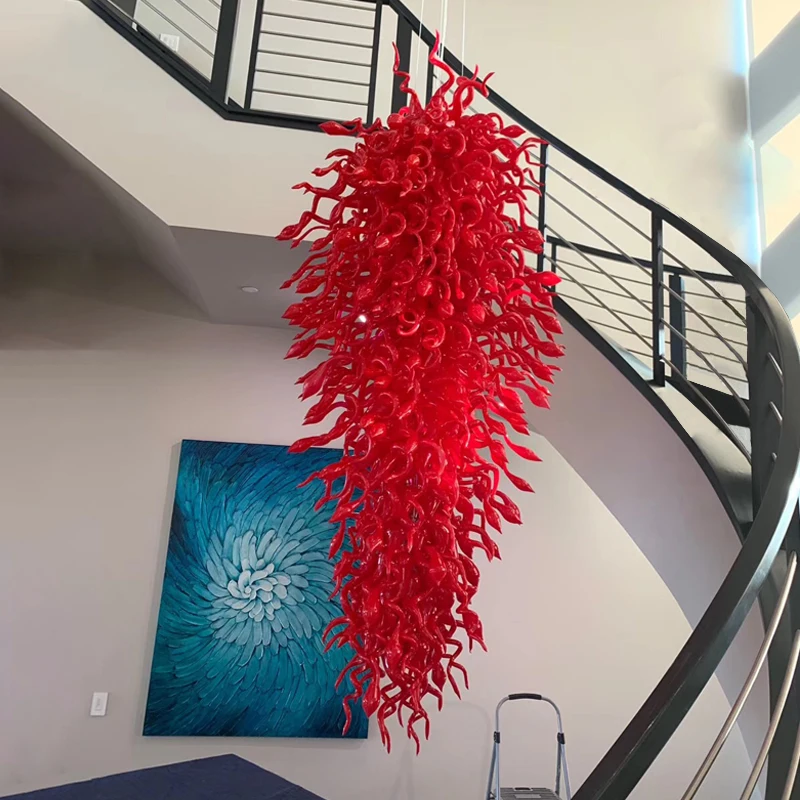 Red Red Murano Glass Chandelier Staircase LED Lustres Modern Hanging Light Fixture Entryway Stairs Hanging Spiral Long Lamps