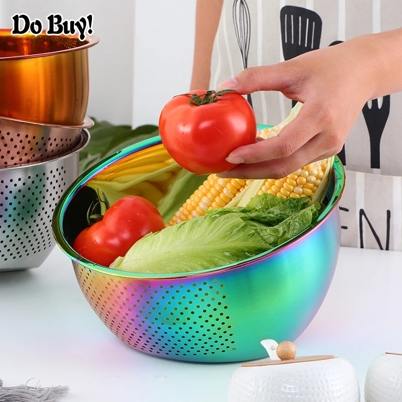 1 Pcs Strainer Basket Rice Stainless Steel Washing Filter Rose Gold Strainer Colorful Basket Sieve Drainer Kitchen Gadget