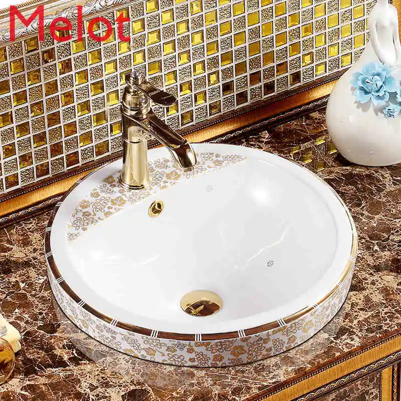 Ceramic under-Table Basin Wash Basin Wash Basin Art Basin Wash Basin on-Table Basin Middle Basin round Gold Flower Cluster