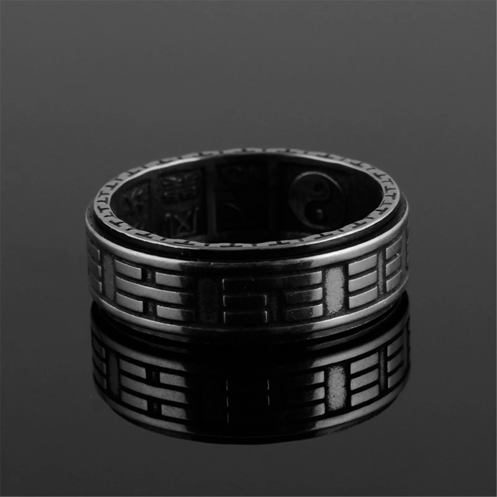 Bagua Amulet Rotatable Titanium Stainless Steel Chinese Yin Yang the Eight Trigrams Hexagrams Mantra Men Dao Fengshui Ring