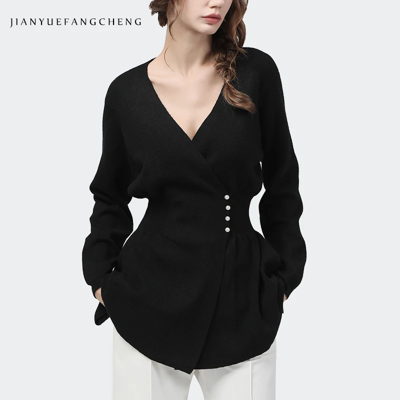 Fall Winter Women V-Neck Black Kntted Sweater Outwear Pearls Crossed Button-Down Cardigans Long Sleeve Slim Warm Sweaters