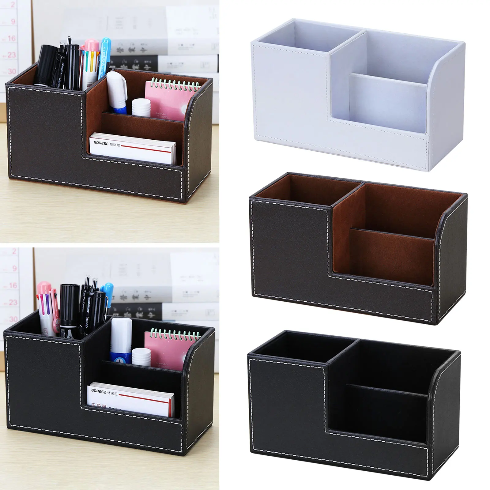 

Fashion PU Leather Desk Organizer Pencil Pen Holder Caddy Storage Box with 3 Compartments for Home Office School Supplies