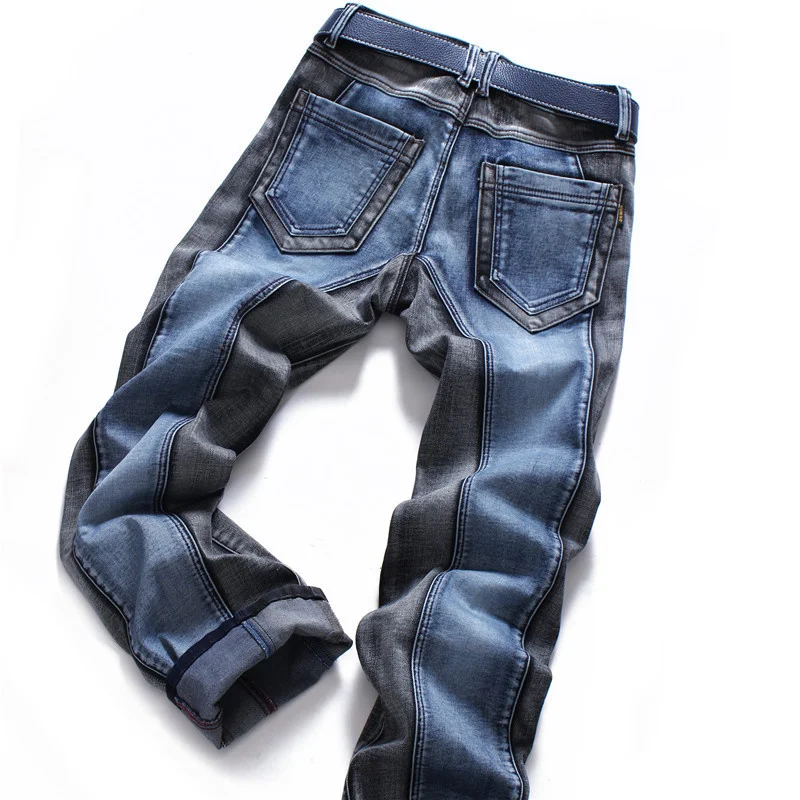 Street High Men Patchwork Jeans Casual Stretch Straight Trousers Plus Size 44 Fashion Pocket Zipper Biker Denim Pants Male