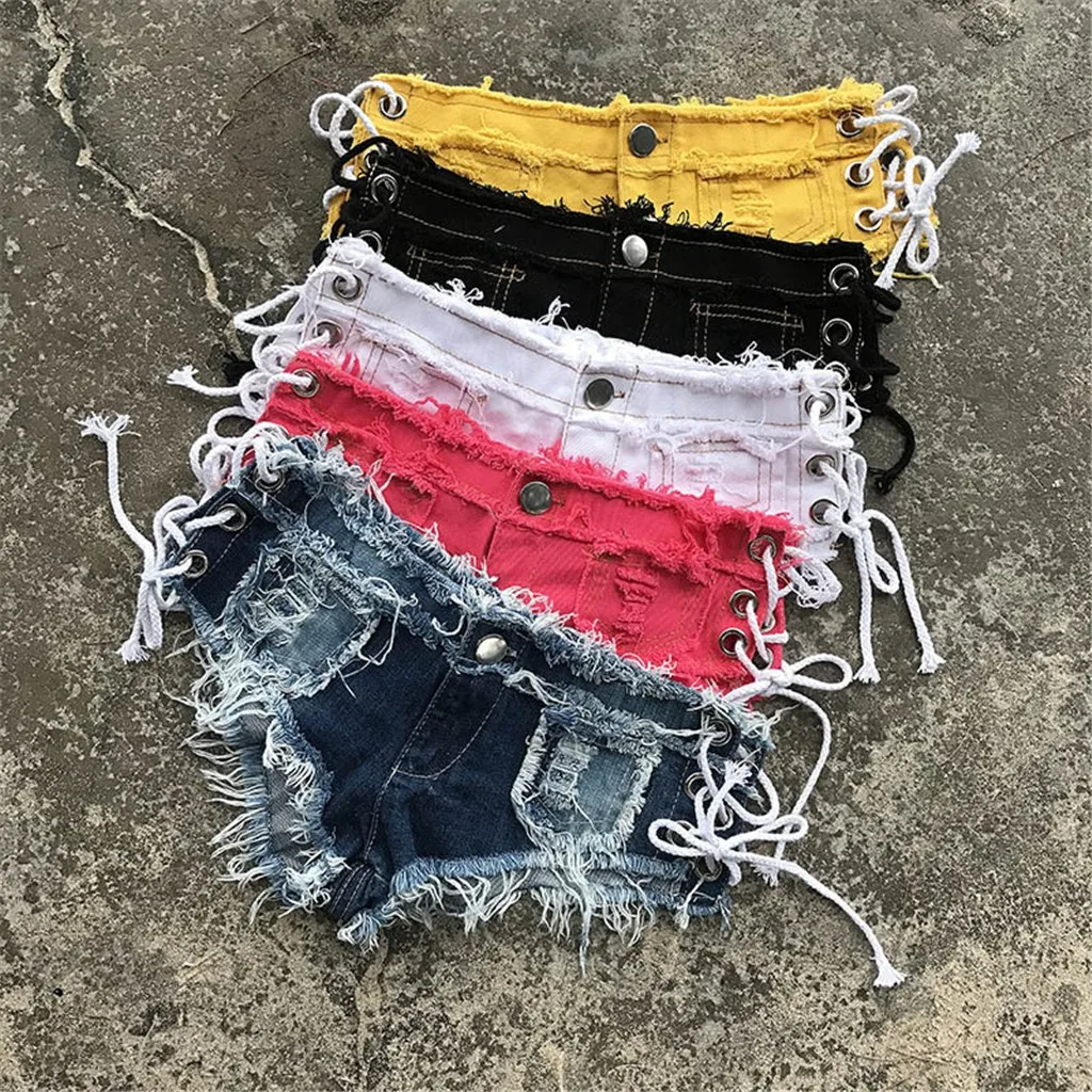 Women Sexy Jeans Shorts Summer Fashion Low-waist Denim Knotted Band Mini Short Beach Casual Shorts Sexy Club Party Bikini Bottom