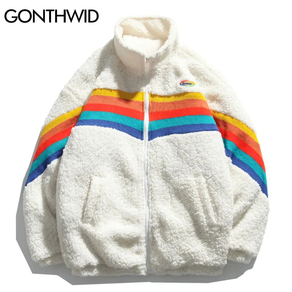 GONTHWID Fleece Parka Jackets Rainbow Color Block Patchwork Zipper Cotton Padded Coats Winter Thick Warm Hip Hop Harajuku Tops