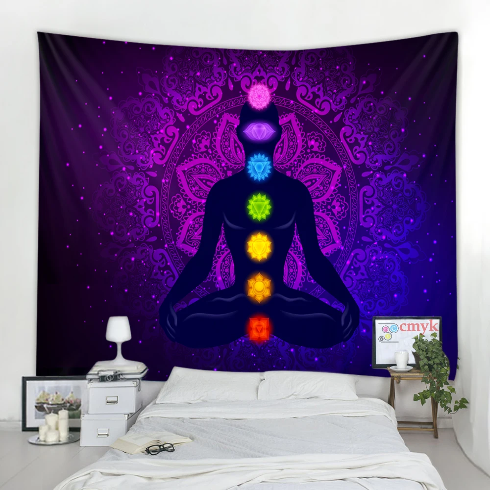 Tapiz de meditación de estatua de Buda indio, colgante de pared de 7 Chakras, tapices de Mandala, tela de pared, Yoga psicodélico