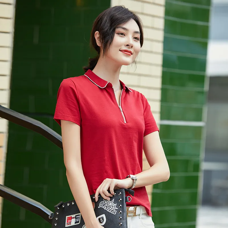 2023 Summer New Polo Shirt Women\'s Short-sleeved Lapel Shirt Zipper Solid Color All-match Slim Fashion Cotton Top