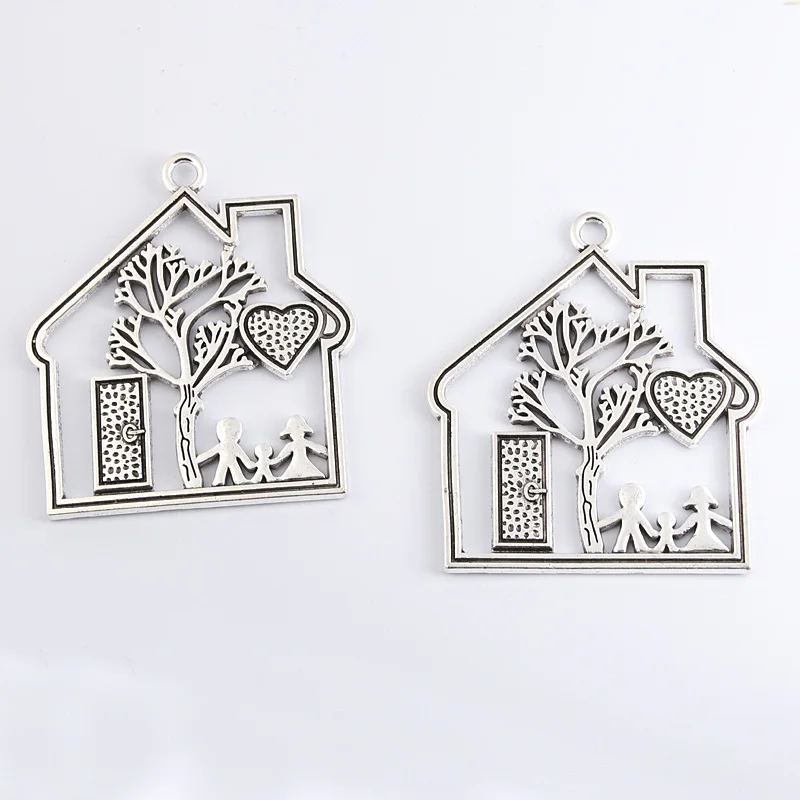 4pcs Silver Color 59x52mm Love House Charms Dad Mom Child Family Home Pendant Fit DIY Handmade Jewelry Making Finding Supplies