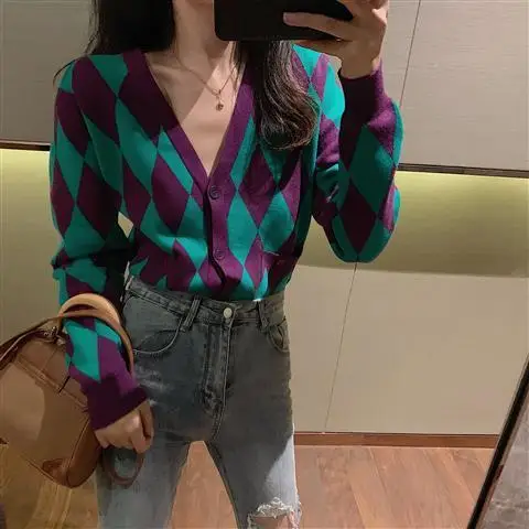 Woman Sweaters Color Matching Plaid Knitted Cardigan Women\'s Clothes Fall 2024 Loose V-neck Femme Chandails Pull Hiver