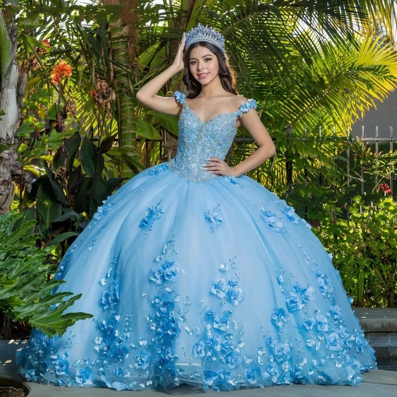 Sky Blue Cheap Quinceanera Dresses Ball Gown V-neck Tulle Flowers Beaded Puffy Sweet 16 Dresses