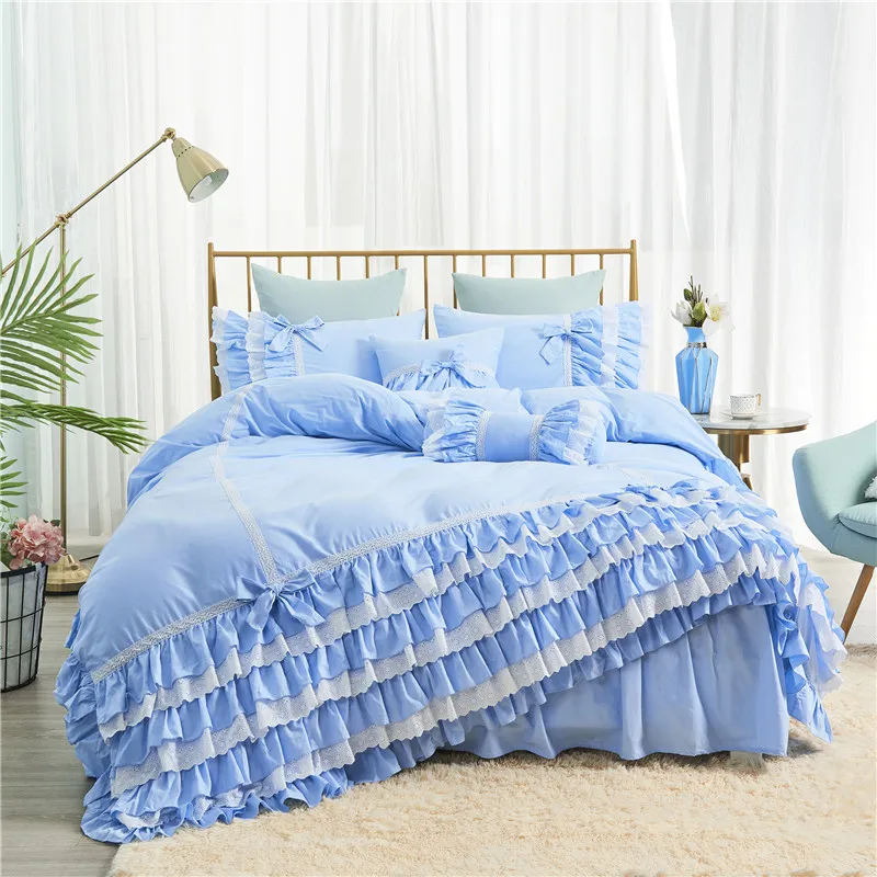 Pure cotton Korean princess ruffles lace cake layers solid color blue embroidery skirt-style bedding set YYX