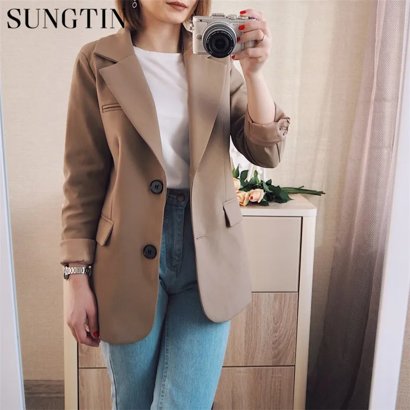 Sungtin New Spring Women Blazer Jacket Casual Khaki Work Suit Coat Office Lady Fashion Pockets Long Sleeve Slim Blazers Female